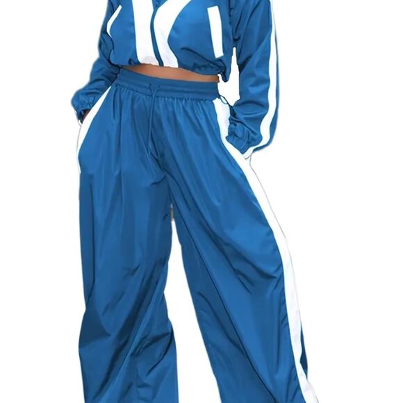 Striped Windbreaker Tracksuit Set Y2K Retro Oversized Crop Jacket Wide Leg Pants